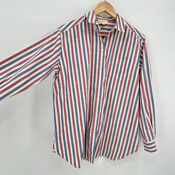 Sezane Max Shirt Red White Blue Striped Organic Cotton Button Down Size 32 US 0 - Picture 2 of 5